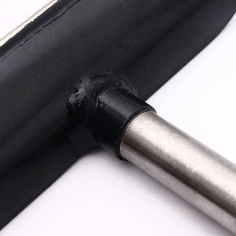 Close-up of a 12-inch stainless steel lathe tool rest with a 1-inch diameter post attached to a black mounting bar.