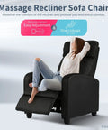 Massage Recliner Chair With Footrest In PU Leather Plush Padded Wide Seat Wingback Sofa For Living Room And Home Theater Comfy Cloud Like Comfort Easy To Recline Black with woman reclining in it.