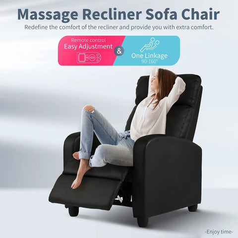 Massage Recliner Chair With Footrest In PU Leather Plush Padded Wide Seat Wingback Sofa For Living Room And Home Theater Comfy Cloud Like Comfort Easy To Recline Black with woman reclining in it.