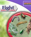 Eight Insect Control package showing beetles, aphids, and pests on leaf illustration. Insecticide for plant protection.