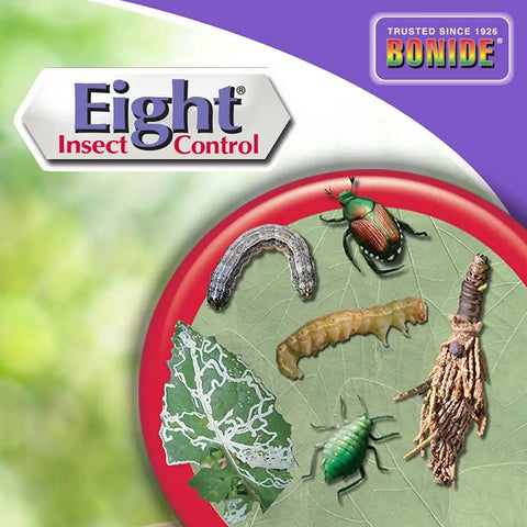 Eight Insect Control package showing beetles, aphids, and pests on leaf illustration. Insecticide for plant protection.