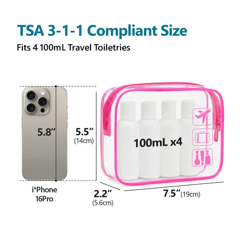 TSA Approved Clear Toiletry Bags Set, 5 Pack In 5 Colors, 7.5x5.5x2.2 in pink pouch next to smartphone for size comparison
