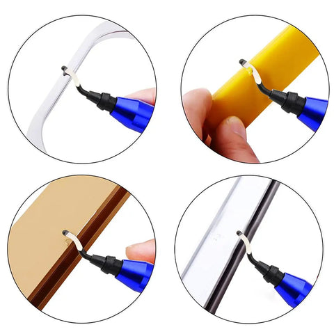 Ultimate YxGood Hand Deburring Tool Kit with blue handle deburring blade smoothing edges on yellow and brown materials.