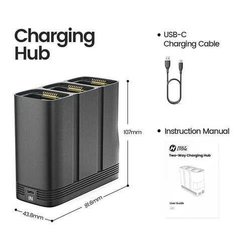 Image of 3 Slot Fast Charging Drone Battery Dock With Grab And Go Storage And Power Bank, USB C QC3.0 Hub For HS900 Batteries with dimensions.