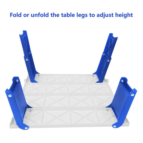 Underside view of Grab-And-Go Portable Folding Beach Table, showing blue adjustable legs and flat surface for sand use.
