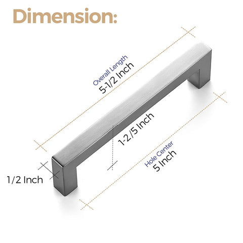 Dimensions of 30 Pack Brushed Nickel Square Cabinet Handles for Cabinets and Drawers, 5 Inch Hole Center, 5-1/2 Inch Length