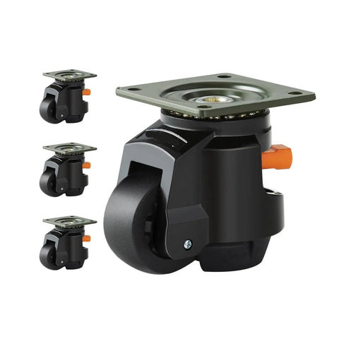 Heavy Duty Retractable Leveling Caster Engineered To Support 2200 Lbs with ratchet lever, black and grey design, for stable movement.