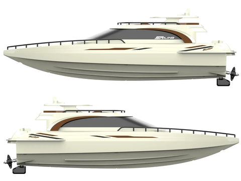 Side view of Dope Modern Yacht RC Boat One To Twenty Eight Scale With 2.4GHz Remote Dual Motors Fifteen Kmph Speed Pool Lake Pond Cruiser