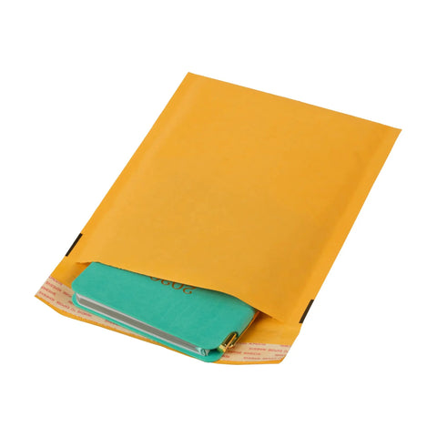 Kraft Bubble Mailers 6x9 Inches Size 0 Self Sealing Manila Mailers Pack Of 25 with book inside, showing cushioned lining and seal
