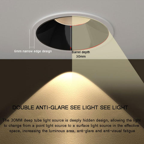 Heavy Duty 7W Led Recessed Downlight Bundle With Crisp CRI95 Glow And Anti Glare Shield In A Slim 3.3 Inch Cutout showing barrel and edge design.