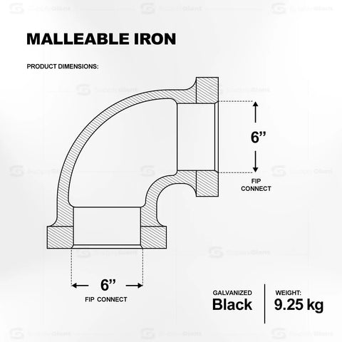 Technical diagram of 6 Inch 90 Degree Malleable Iron Elbow Fitting With Female Threads Black Finish For High Pressure Systems 150 Lb Rated Rugged Industrial Pipe Connector For Severe Service.