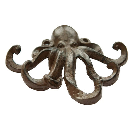 Heavy Duty Cast Iron Octopus Wall Hooks With Sleek Nautical Vibes And Aged Dark Brown Finish For Hanging Coats Keys Towels And Gear Built Like A Tank With Real Antique Charm That Truly Pops, close-up view.