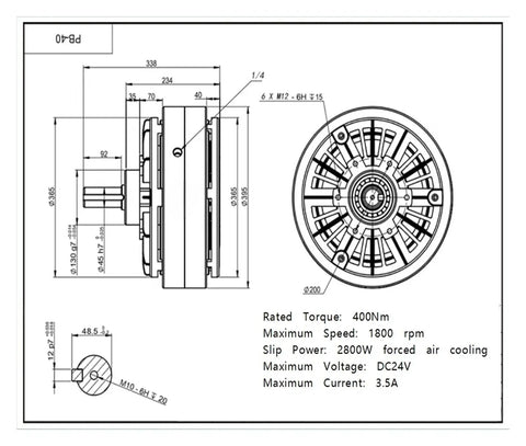 Technical diagram of Single Shaft Magnetic Powder Brake 400 Nm Torque Compact Heavy Duty Unit specifications and measurements