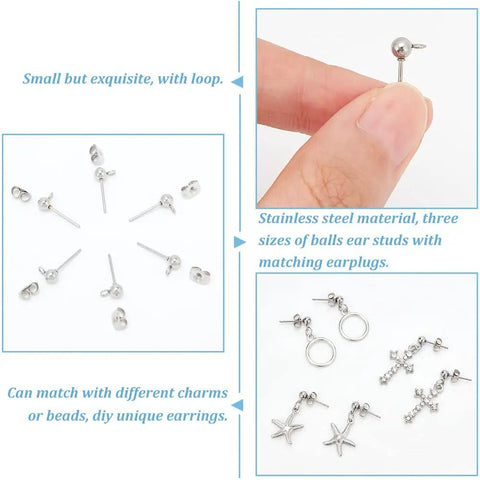 300 Piece Ball Post Earring Stud Kit With Butterfly Backs And Open Jump Rings For DIY Jewelry Making In Non Tarnish Stainless Steel 304 Pro Quality Ball Stud Findings, silver studs