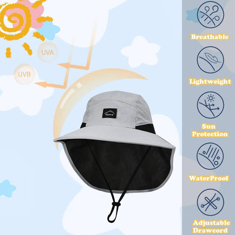 Kids Quick-Dry Sun Hat With Neck Flap UPF 50 Plus Breathable Bucket Hat For Baby Boys And Girls Safari Beach Summer Lightweight Light Grey