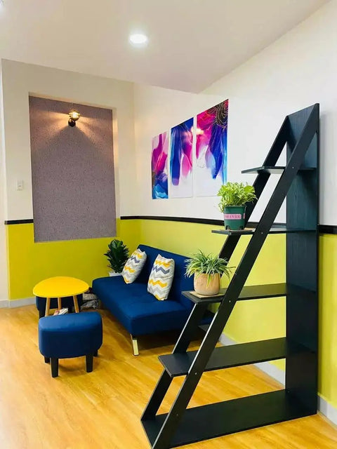 Ladder Bookshelf 5 Tier Industrial Bookcase With Storage Shelves Room Divider Freestanding Display Shelf Black Wood Grain in living room.