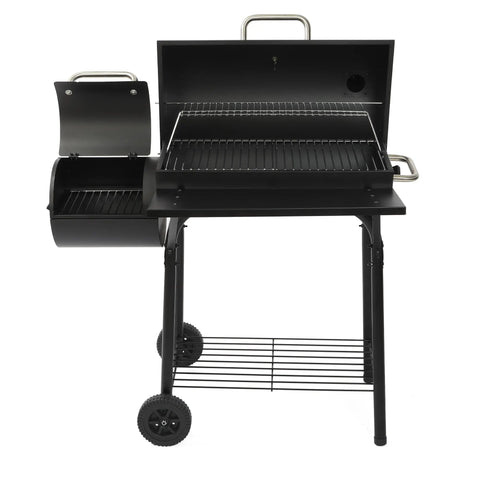 Front view of Charcoal Grill Offset Smoker With Built In Thermometer And Adjustable Air Vents For Grillin Precision Spacious Dual Level Cooking Area For Outdoor Patio Backyard Barbecues Camping And Parties Durable Steel Construction