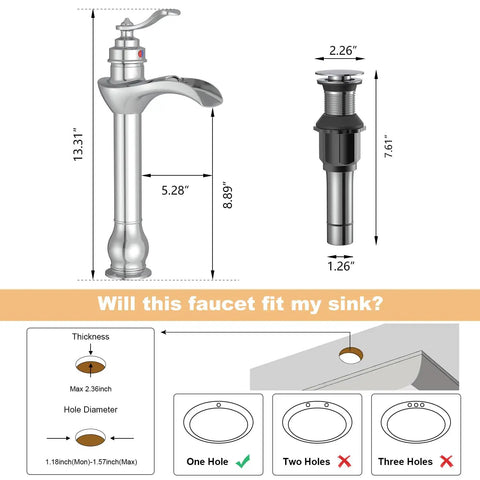 Diagram of Chrome Vessel Sink Faucet With Waterfall Spout Pop Up Drain Supply Hose And Single Handle Lavatory Mixer Tap