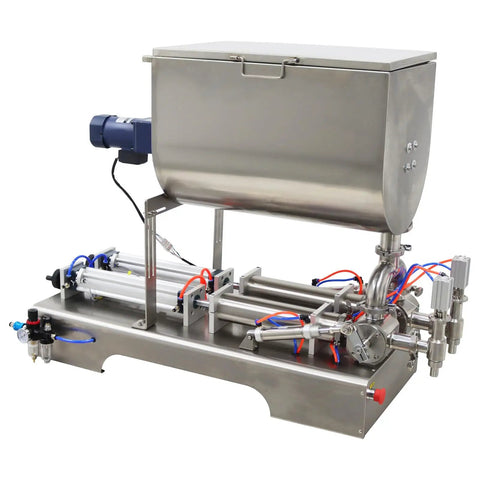 Heavy Duty Kickass Dual Nozzle Paste Filling Mixer With Auto Stirring 80 Liter Hopper And Pneumatic Trigger Switch For Creams Shampoo Toothpaste And Industrial Oils 304 Stainless Steel Setup 110V, viewed from the side