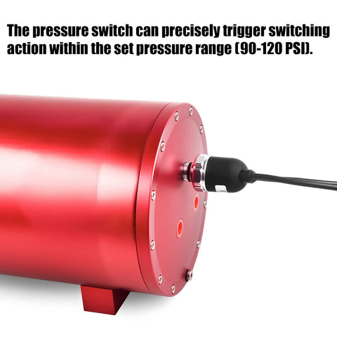 Close-up of a 90 To 120 PSI Air Pressure Switch 1 Quarter NPT Controller installed on a red air compressor tank.