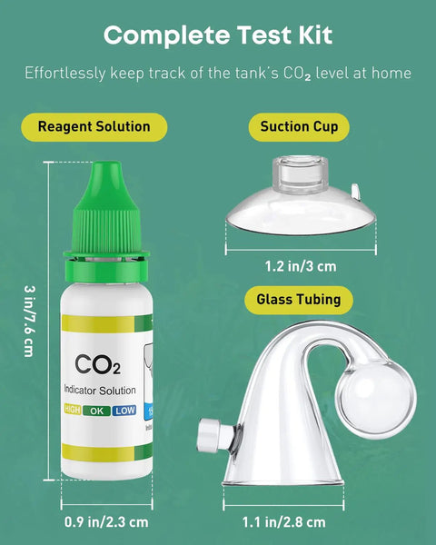 Glass CO2 Drop Checker For Aquarium Complete Plant Tank CO2 Monitor Kit With Reagent Solution And Suction Cups Easy Read CO2 Indicator For Planted Tanks Detects Carbon Dioxide Levels Quickly And Accurately, bottle and glass tubing kit