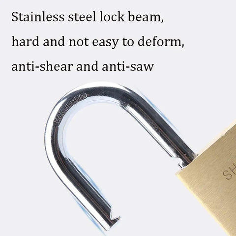 Tough As Nails Keyed Padlock Featuring Heavy Duty Chrome Plated Copper Body And A Reinforced Stainless Steel Shackle close-up of stainless steel shackle.
