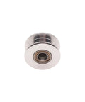 Front view of aluminum GT2 idler pulley, toothless, 5mm bore for 6mm-wide timing belt.