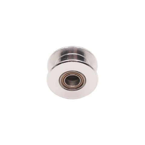 Front view of aluminum GT2 idler pulley, toothless, 5mm bore for 6mm-wide timing belt.