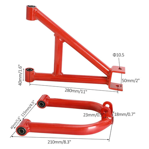 Front view of red steering spindles and swing arms for a 4WD Rear CV Axle Shaft Assembly Kit With Reverse Gearbox For DIY ATV Go Kart Quad Buggy.