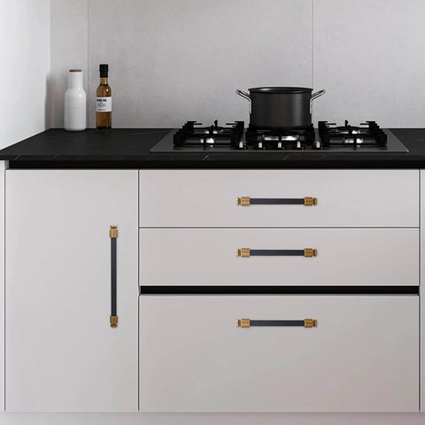 Kitchen with installed 10 Pack 5 Inch Black And Antique Brass Kitchen Cabinet Handles Knurled Cabinet Pulls on white cabinets.