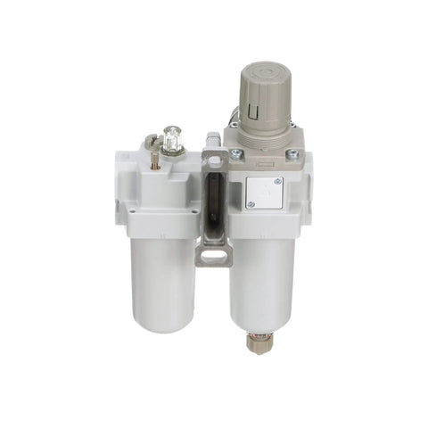 All In One Compressed Air Filter Regulator Lubricator Piggyback Combo One Half Inch NPT with metal bowl, front view
