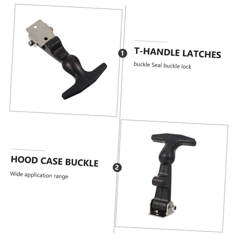Two Pack Elastic Draw Latches With T-Handle Catch for Machines and Vehicles, shown in black rubber and stainless steel.