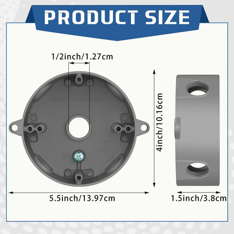 Beefy Four Pack Of 4-Inch Round Metal Electrical Boxes With 1/2-Inch Five-Hole Weatherproof Aluminum Outdoor Junction Box For Ceiling Fans And Lighting, UL Listed, Gray Finish, Includes Mounting Hardware, product size shown