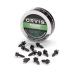 Front view of Orvis Posigrip screw-in studs, 24-pack, black tungsten carbide, jar with scattered studs.