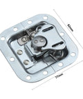Close-up of Gate Lock Hasp Latch Hardware Fitting Padlockable, measuring 82mm x 77mm, shiny metal, showing detailed mechanism.