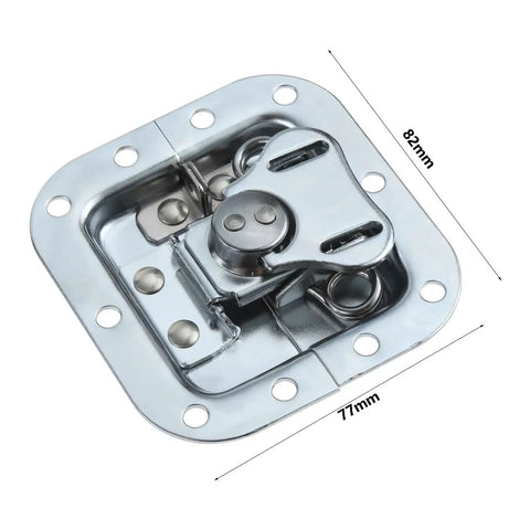 Close-up of Gate Lock Hasp Latch Hardware Fitting Padlockable, measuring 82mm x 77mm, shiny metal, showing detailed mechanism.