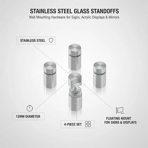 Stainless Steel Sign Mount Kit With 12mm Standoffs For Glass And Acrylic Panels shown in polished silver, 4-piece set.