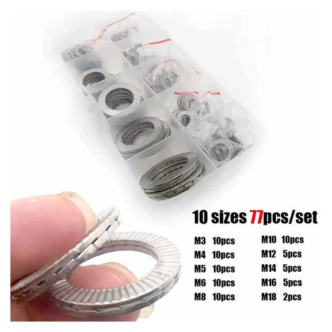 Tough As Nails M3 To M18 77 Piece 304 Stainless Steel Double Self Locking Washer Kit with various sizes in a case.