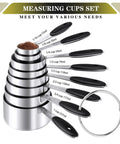 16 Piece Measuring Cups And Magnetic Spoons Set In Stainless Steel With 8 Nesting Cups on display, black handles, labeled sizes.