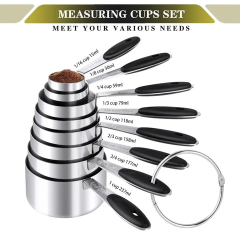 16 Piece Measuring Cups And Magnetic Spoons Set In Stainless Steel With 8 Nesting Cups on display, black handles, labeled sizes.