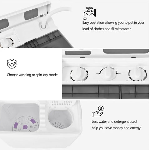 Control panel of the Straight Up A Smooth Portable Washing Machine With Twin Tub Layout showcasing dials and drainage hose.