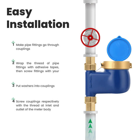 Vertical Water Meter DN20 With 3/4 Inch NPT Couplings, heavy brass cold water meter installation steps shown in image