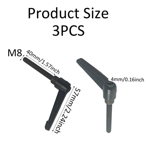 Pro Grade M8 X 40mm Adjustable Clamping Lever Handle 3 Pack With Quick Grab Push Button Release Ratchet Knob And Sturdy Male Threaded Studs Hefty Aluminum Workshop Tool Clamp Black with size details.