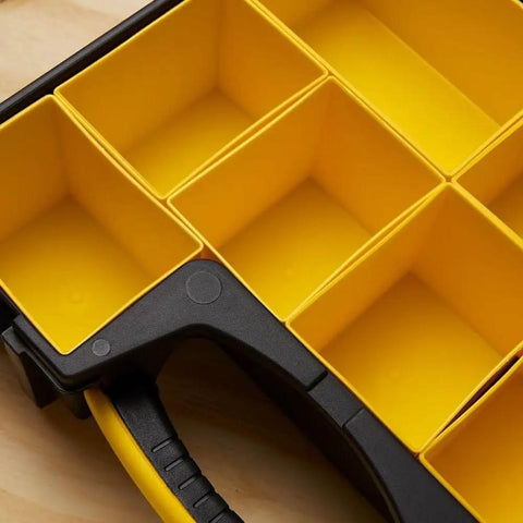 Deep Pro Organizer Tool Box With Locking Lid And Crystal Clear Cover showing yellow removable cup compartments.