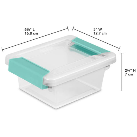 12 Pack Clip Box Stackable Clear Plastic Storage Bins With Latching Lids For Small Items Organization, measures 6 5/8 x 5 x 2 3/4 inches