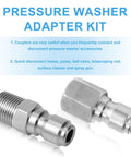 Two stainless steel 1/4-inch quick-connect pressure washer fittings with internal and external threads