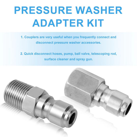 Two stainless steel 1/4-inch quick-connect pressure washer fittings with internal and external threads