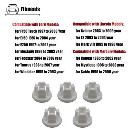 Five Piece Intake Manifold Runner Control Bushings Kit Fits Ford F150 1997 2006 E150 1997 2004 E250 1997 2002 Mustang 1999 2003 Freestar Replacement Clips Plug And Play Install Durable OEM Style. Five white intake runner bushings shown with vehicle fitment list.