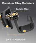 Close-up of the 2 Pack L Track Hooks With Single Stud Fitting, showing black hook with gold spring, labeled materials.