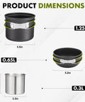Lightweight Backpacking Camping Cookware Set With Foldable Handles 0.33 Gal Pots 0.17 Gal Pans size dimensions diagram.
